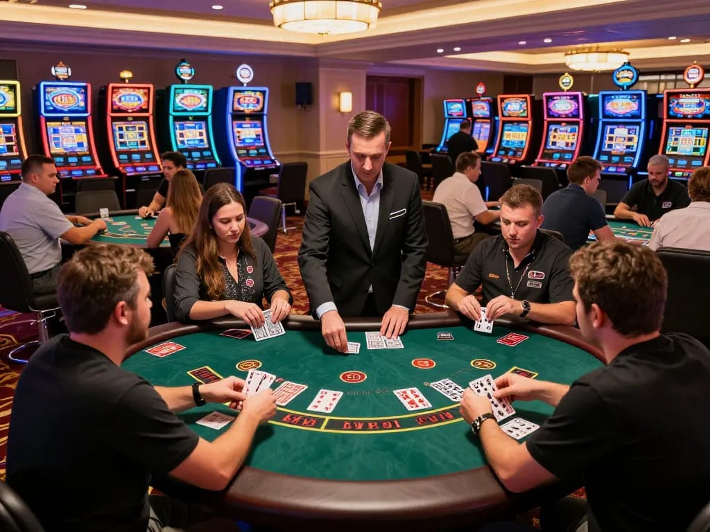 Players engaged in blackjack action at the casino, spotlight on strategic decisions, da88 card tables and chips.