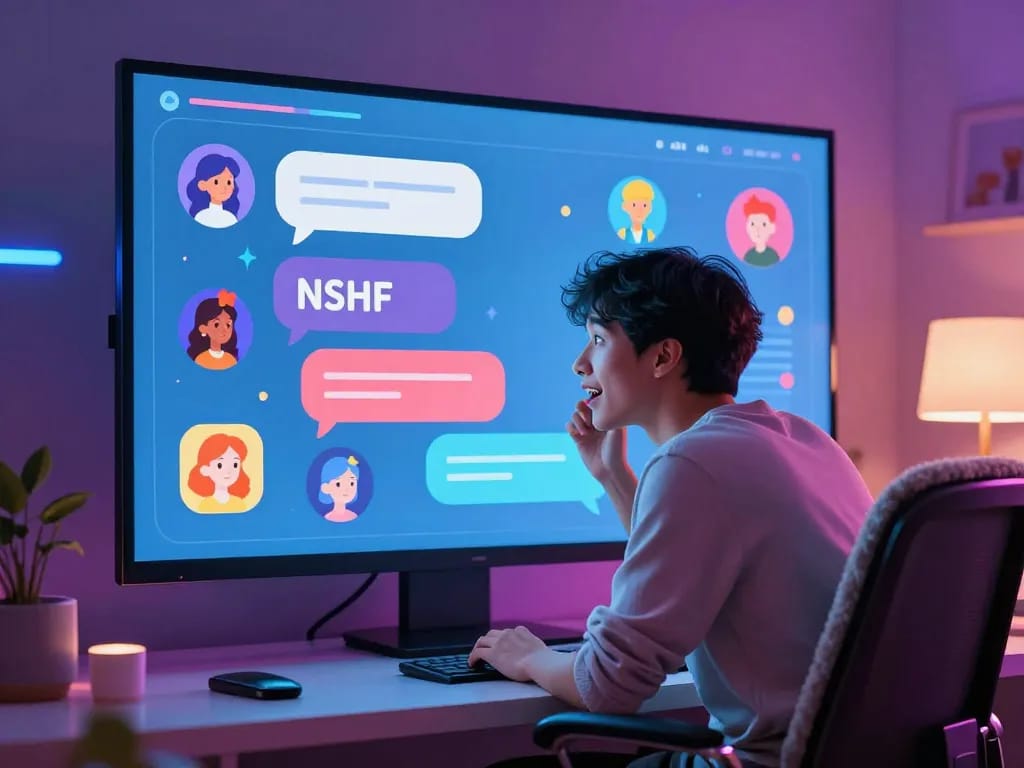 User enjoying an interactive ai nsfw chat with vibrant graphics and playful AI characters in a modern workspace.