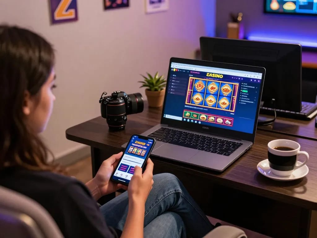 Playing exciting games at Zbet Casino on a laptop and smartphone in a cozy home setup.