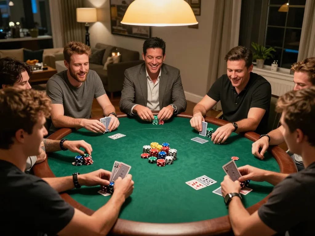 Friends engaging in an exciting poker game at home, showcasing f168's social gambling experience.