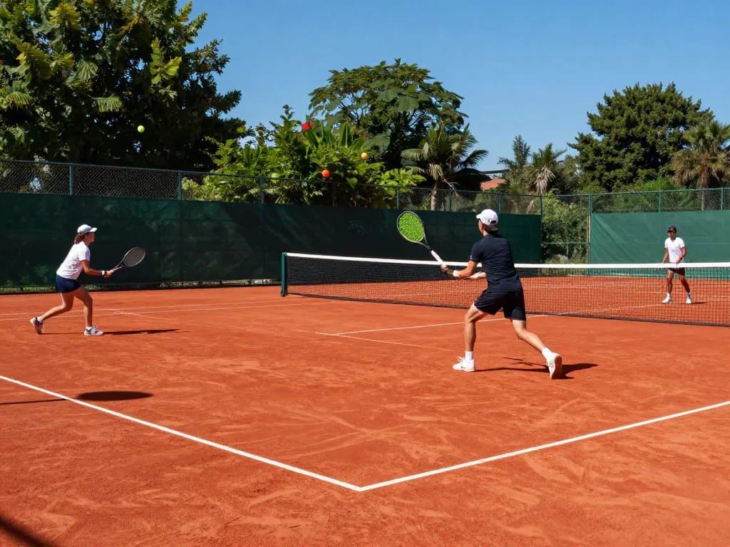 Players enjoying dynamic tennis matches on a pristine HybridClay court with excellent drainage and vibrant red surface.