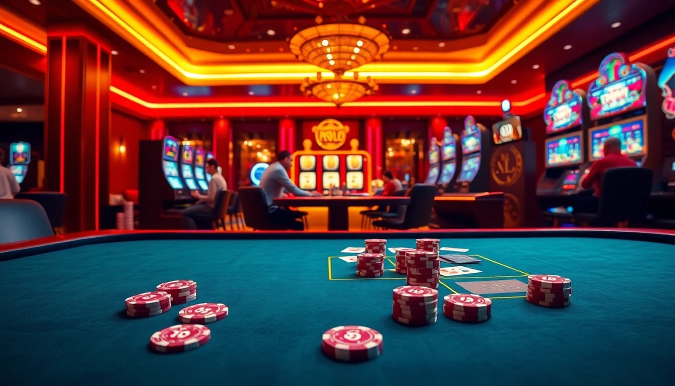 Engaging scene illustrating hướng dẫn 68win with players immersed in online gambling at a casino table.