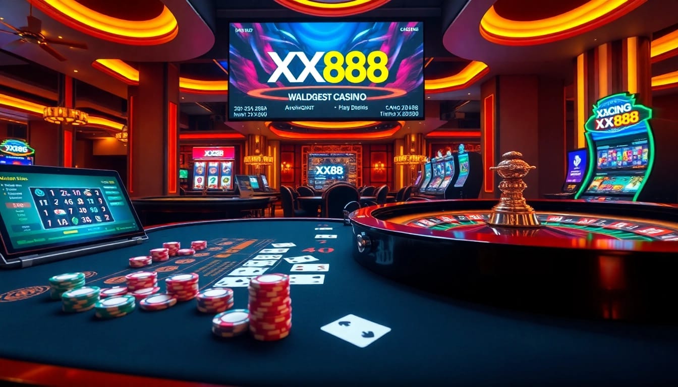 Exciting gaming scene showcasing XX88 with vibrant poker chips and a roulette wheel.