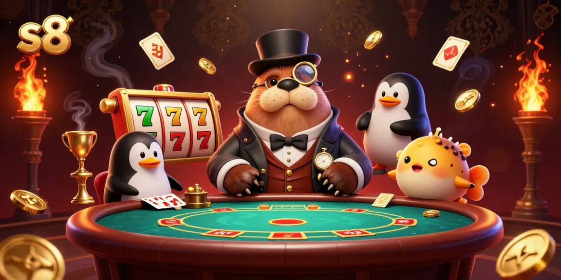 S8 casino scene where a jolly walrus, penguin dealer, and pufferfish player engage in a dynamic underwater poker game