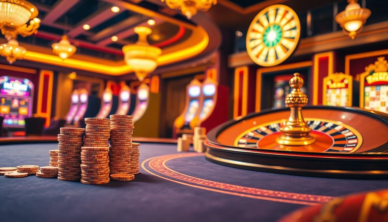 Engaging scene showcasing nhà cái s666 with poker chips, roulette wheel, and excited players.