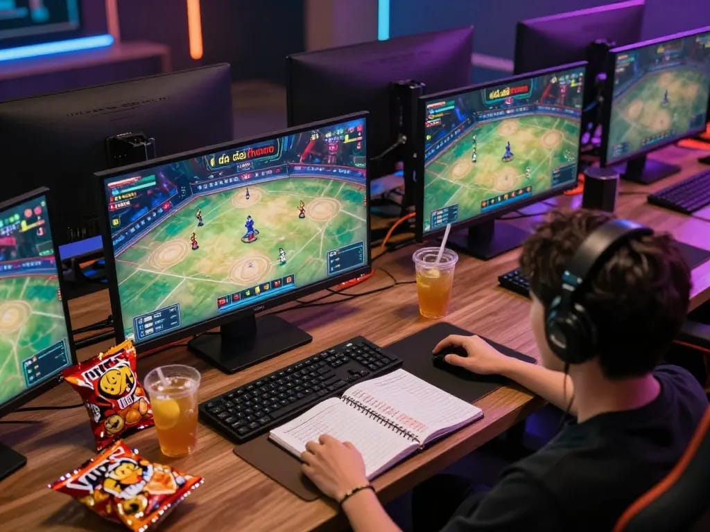 Engaged viewer watching đá gà thomo live stream on multiple screens, surrounded by snacks.