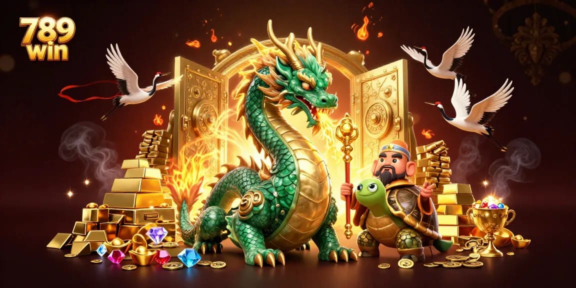 Experience the excitement of 789 win with a jade dragon and treasures scattered in this casino illustration.
