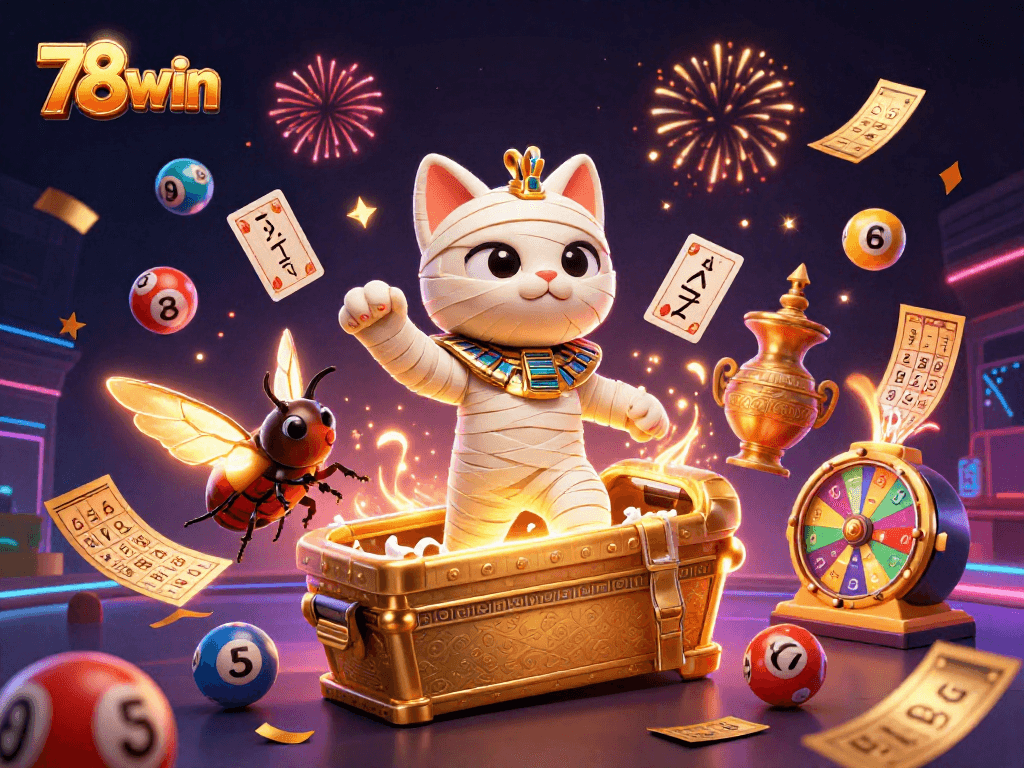 Experience thrilling wins with 78win, featuring a mummy cat and lottery balls in a lively casino.