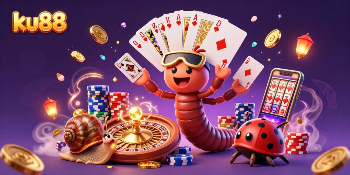 Experience thrilling gaming at ku88 with a vibrant illustration of 3D characters, casino elements, and excitement.