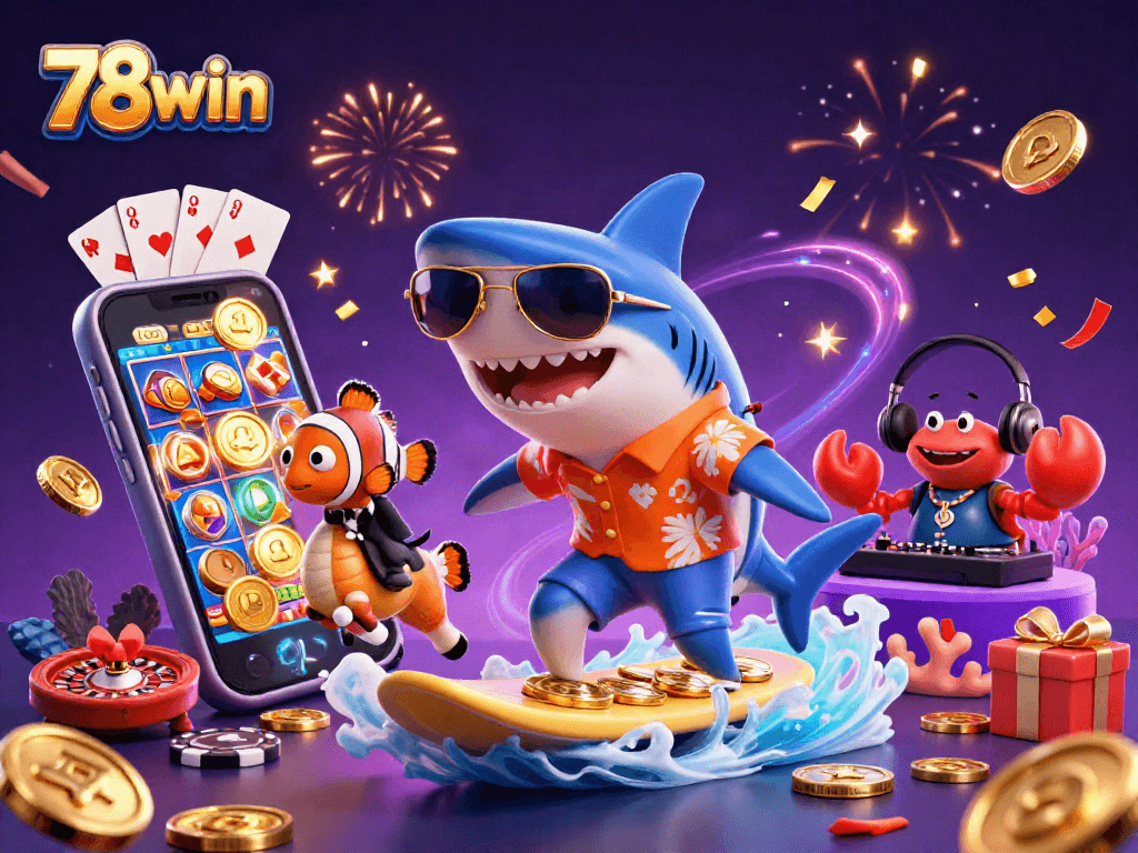Experience the thrill of 78win with a colorful casino-themed illustration featuring a shark, clownfish, and crab DJ.