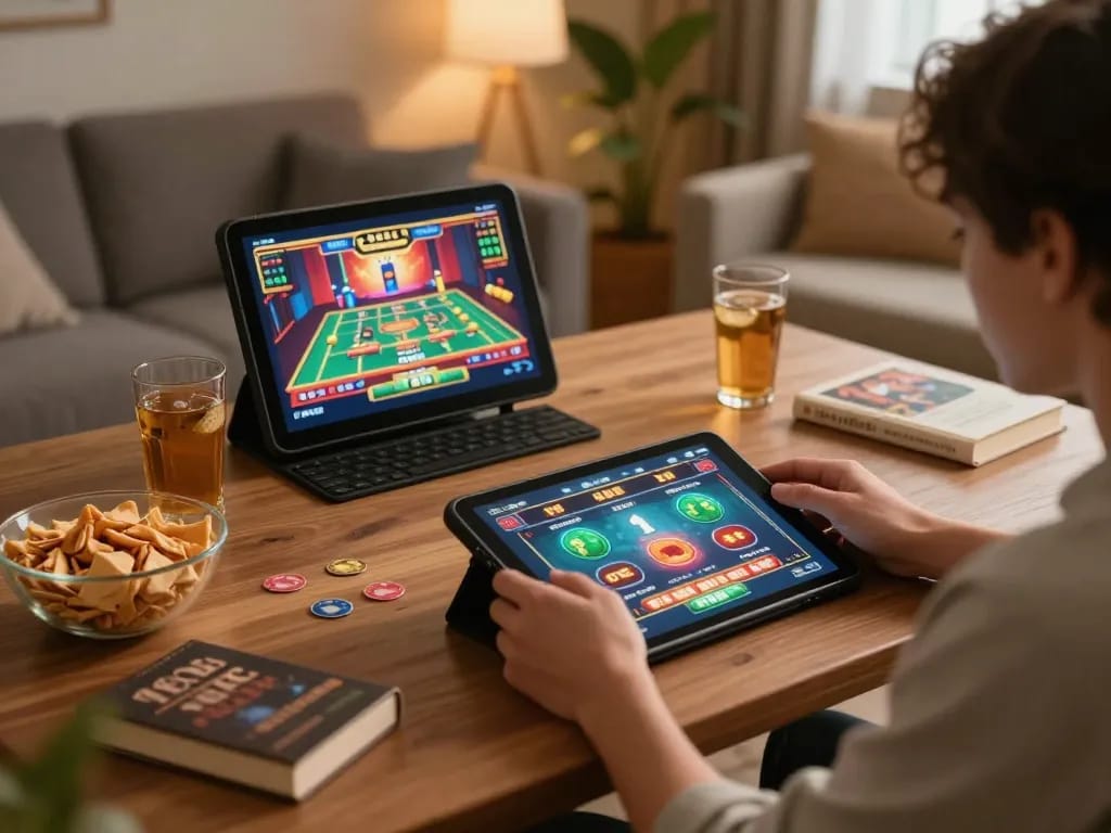 Player enjoying go88 casino games on a tablet at home, surrounded by snacks and warm lighting.