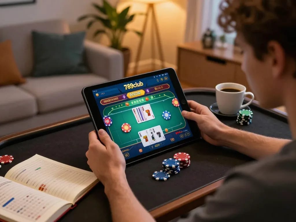 Player enjoying an intense gaming session on the 789club app, strategizing bets at home amidst cozy decor.