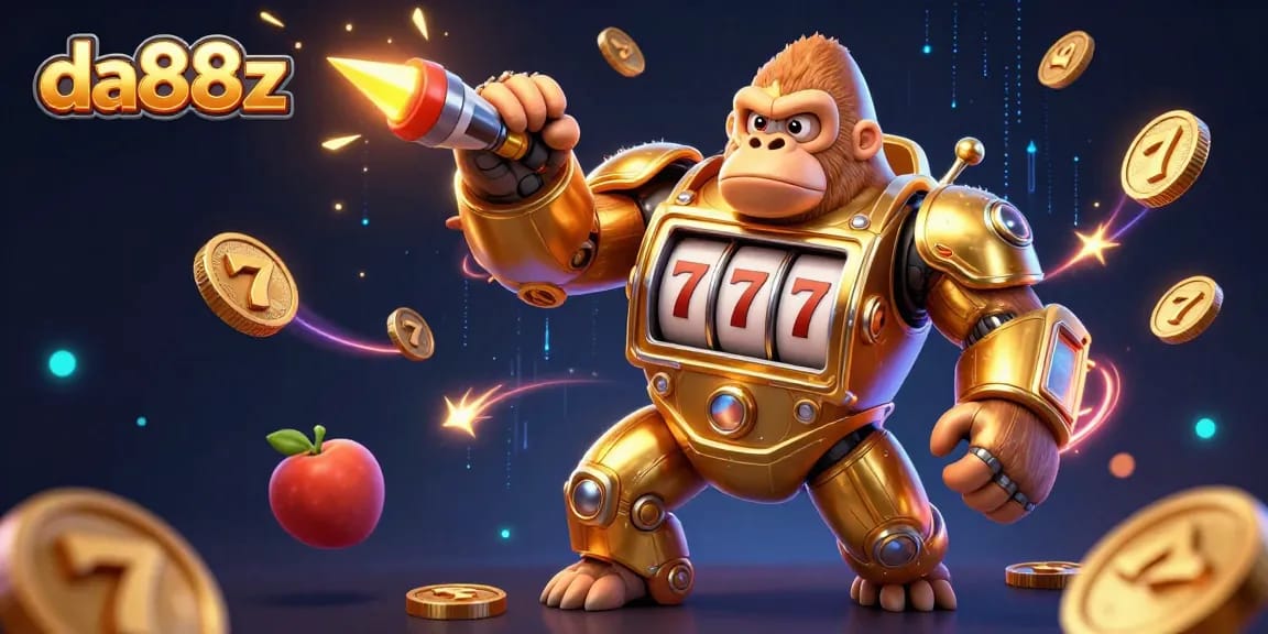 Engage in thrilling slot action at da88z with a golden gorilla mech and vibrant gaming elements.
