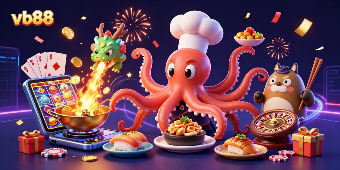 Experience vb88 with vibrant gaming excitement featuring a whimsical sushi chef octopus and dragon in a rich casino atmosphere.