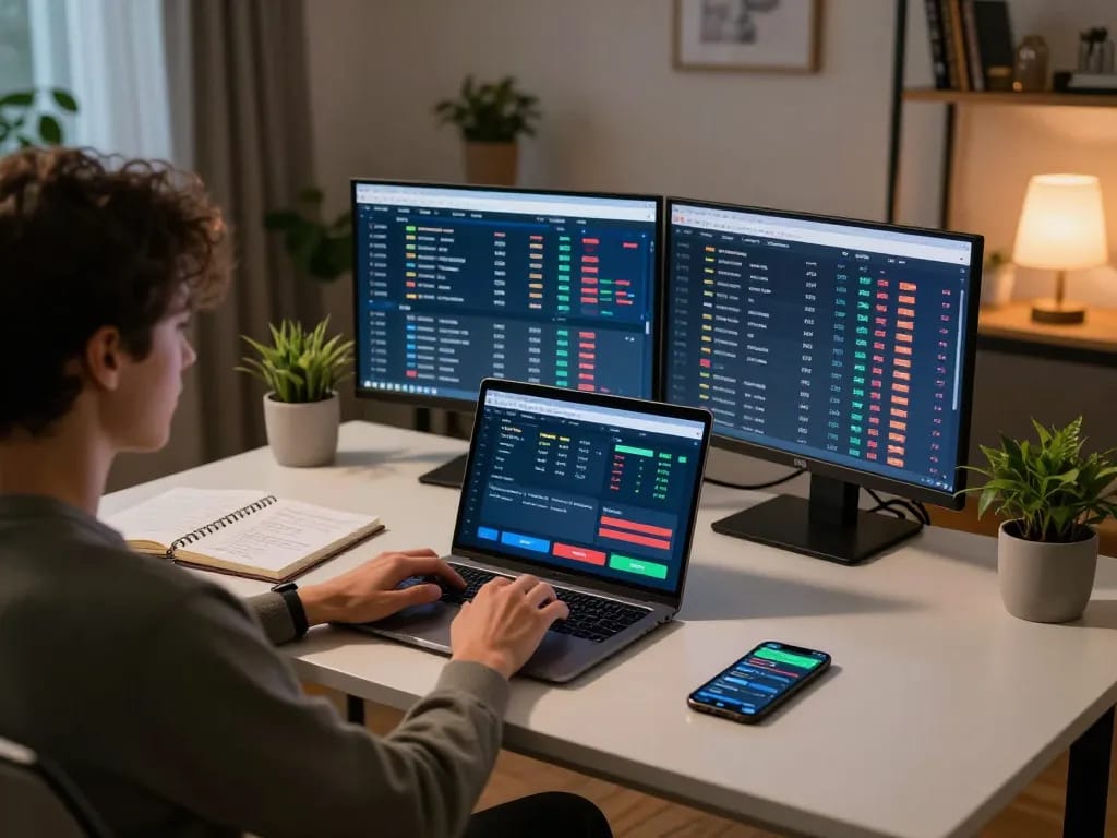 Engaging in online sports betting at https://f168.sarl/ with laptop and mobile app in a stylish home office.