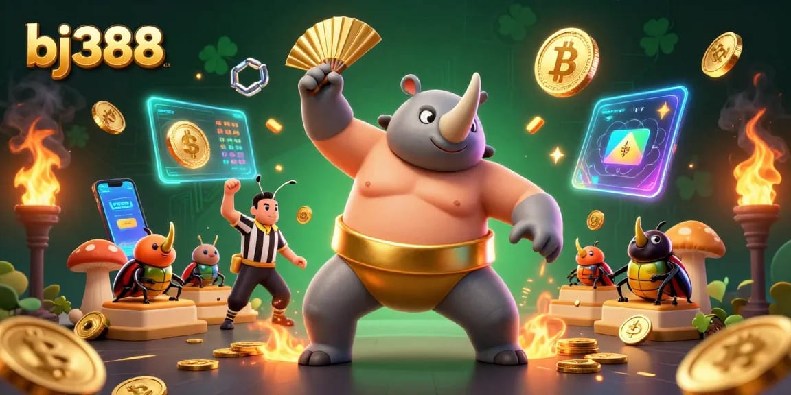 Experience BJ388's thrilling online betting scene with a dynamic beetle champion amidst flying coins.
