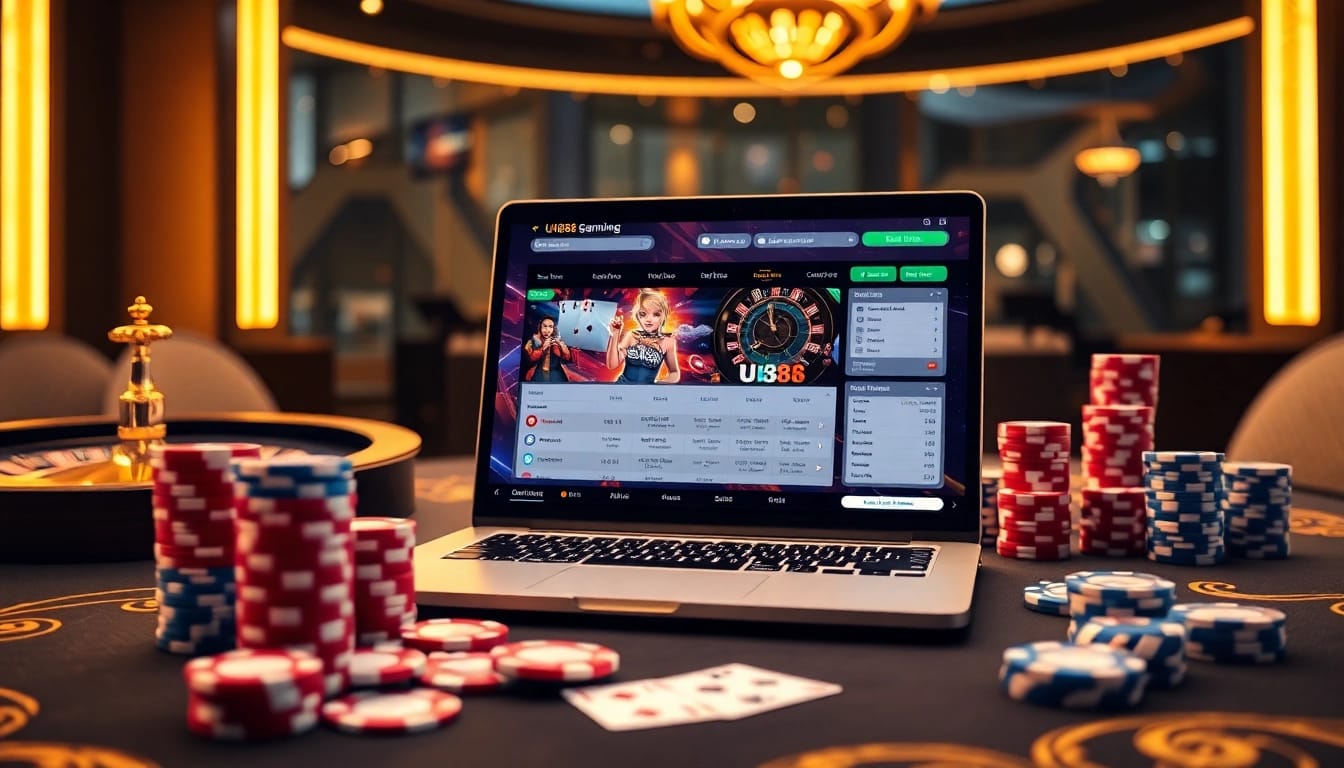 Experience UU88 gaming excitement with poker chips, roulette wheel, and online interface.
