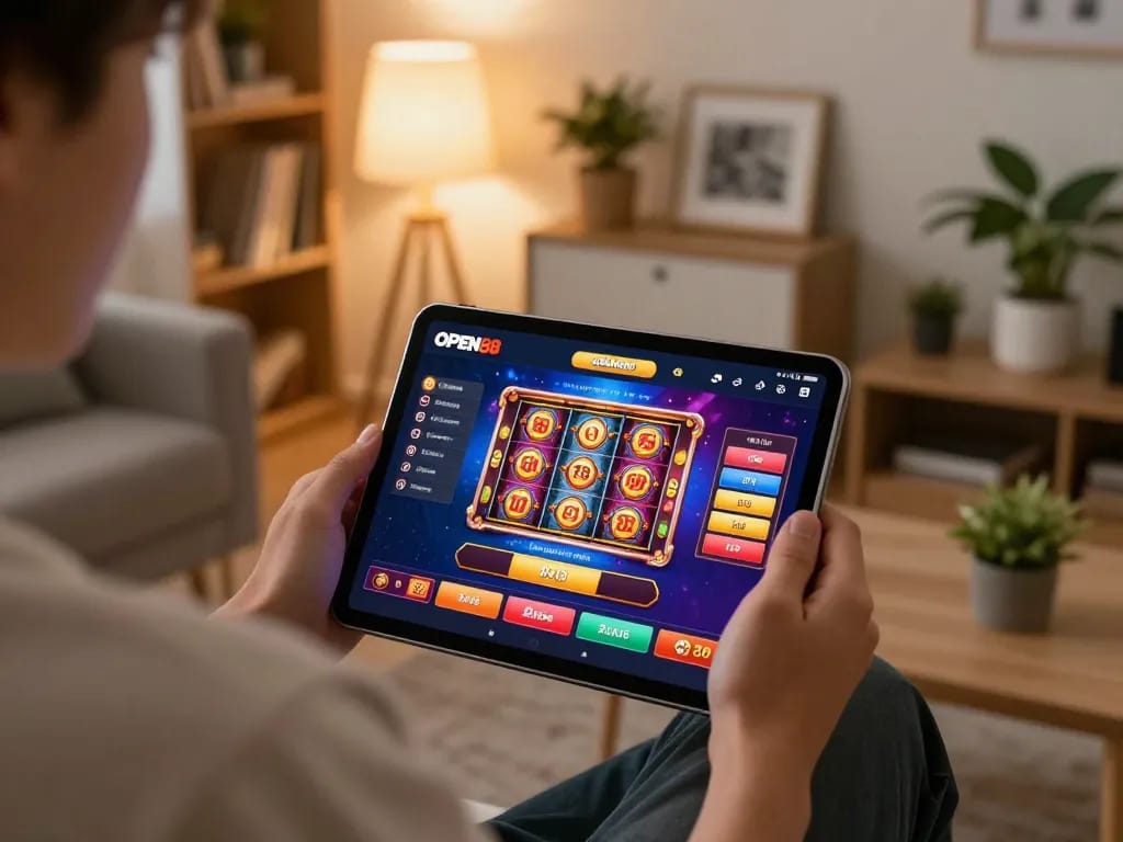 Enjoying an exciting session on the OPEN88 casino app with vibrant graphics in a cozy setting