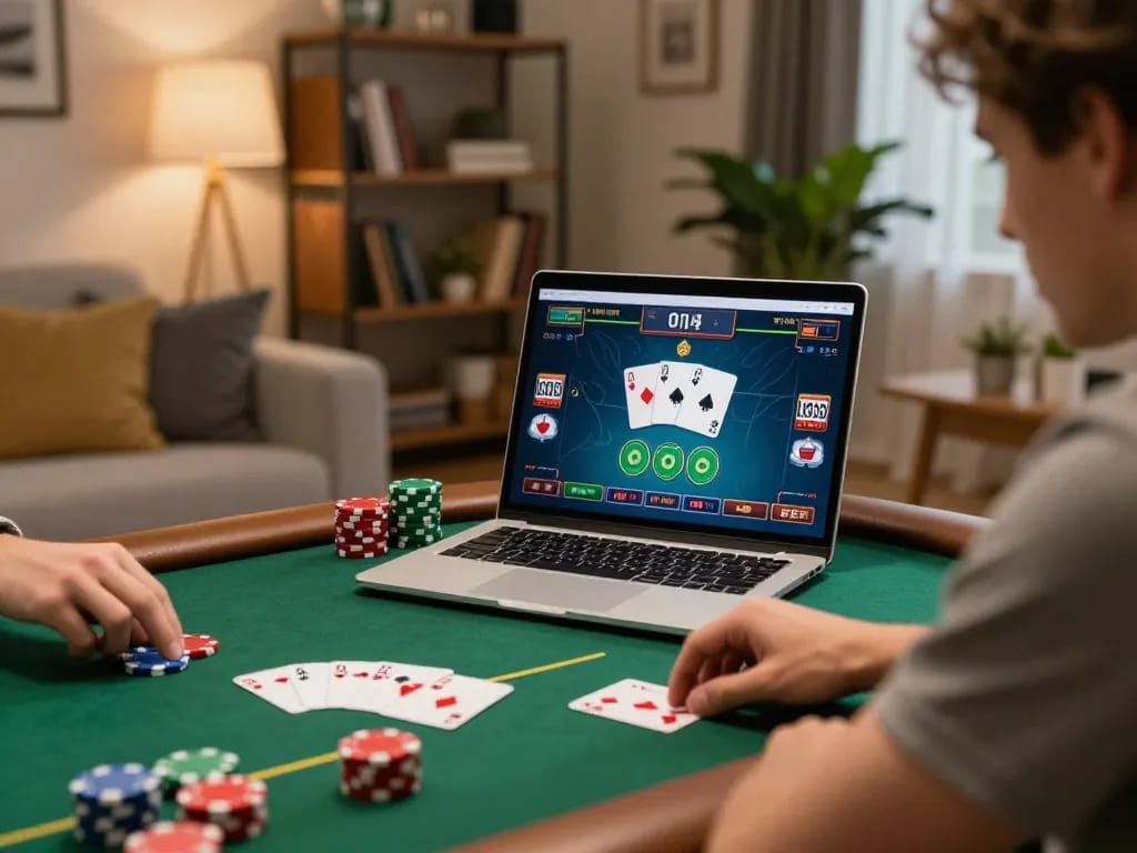 SKY88 online poker gaming scene showing a player focused on making strategic bets in a comfortable home setting.