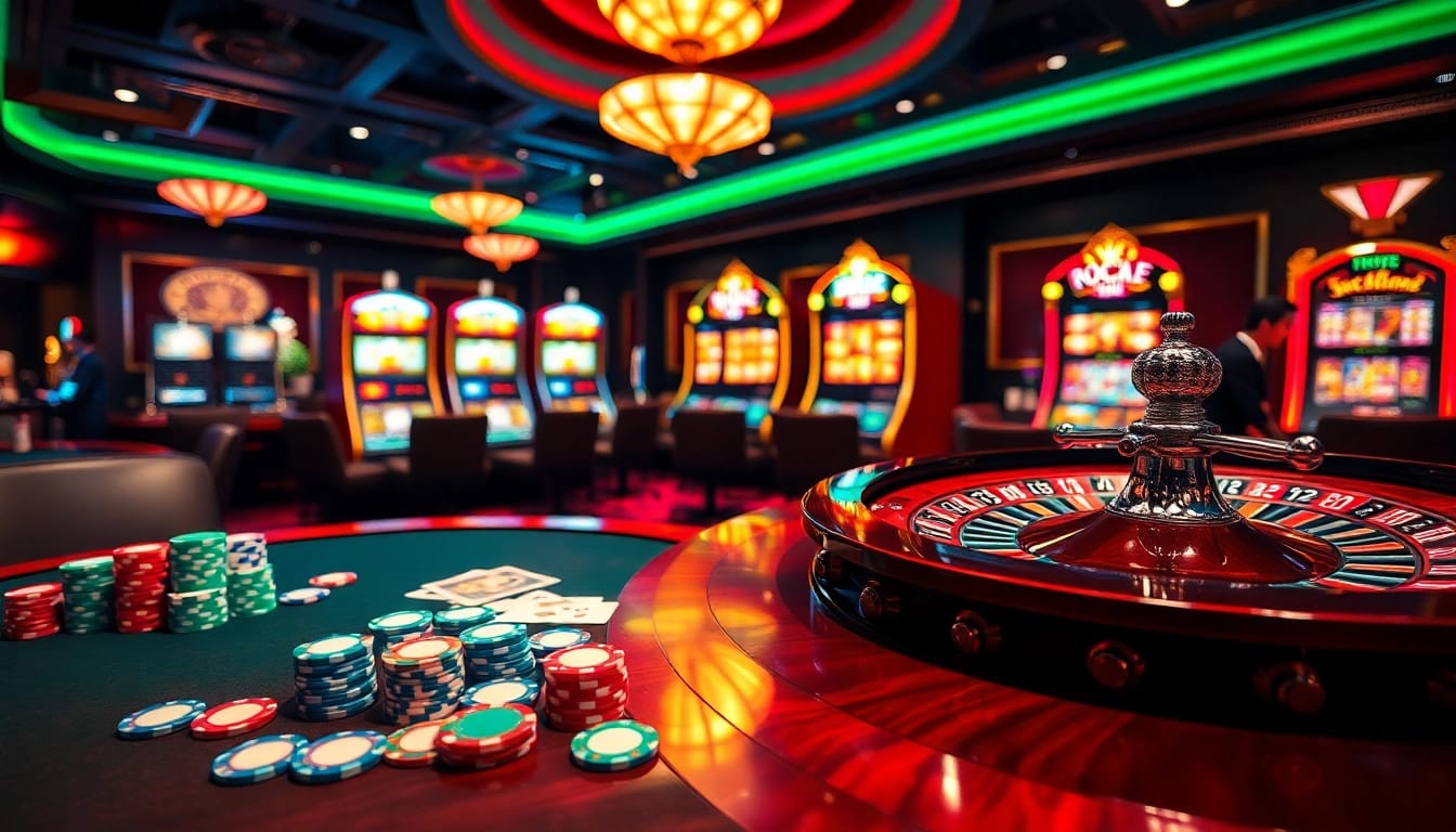 Experience the thrill of gambling at https://f1682.email/ with colorful casino tables and slot machines.