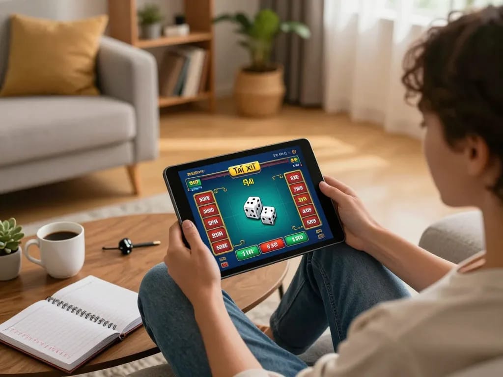 Tài Xỉu gameplay on a tablet in a cozy home environment, highlighting strategic gaming elements.