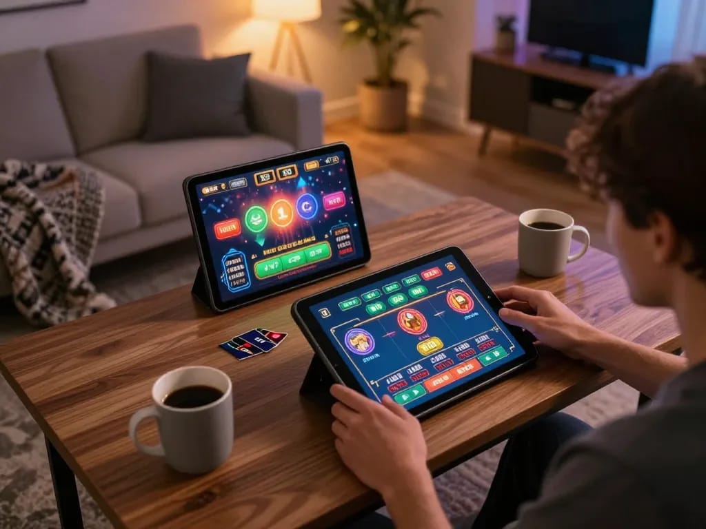 Bong88 player enjoying live dealer games on a tablet in a cozy home environment