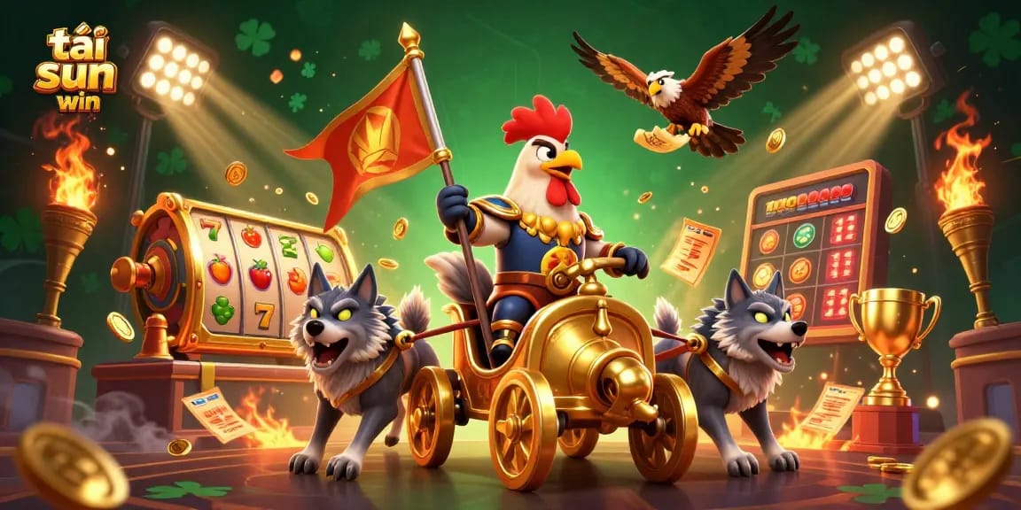 Engage in the thrilling experience of tải sun win, showcasing a dynamic 3D cartoon casino scene with a rooster warlord and symbols of luck.