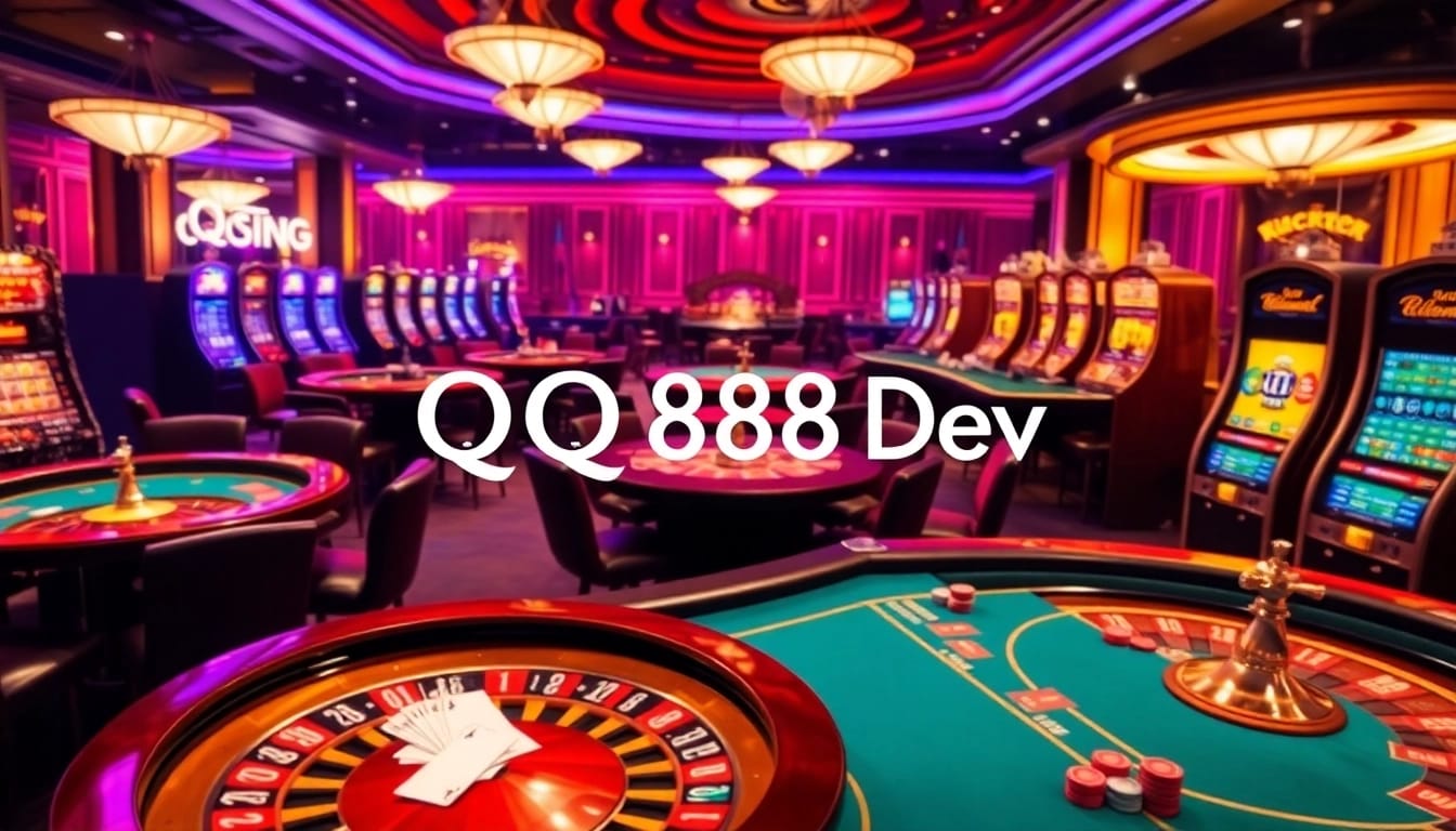 Engaging scene showcasing QQ888 Dev with luxurious casino tables and excitement of gamblers.