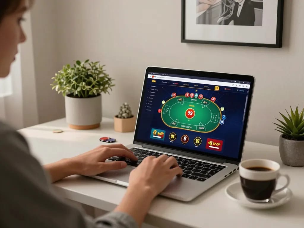 Player engaging in online casino gaming on mk8th with laptop and cozy home atmosphere.