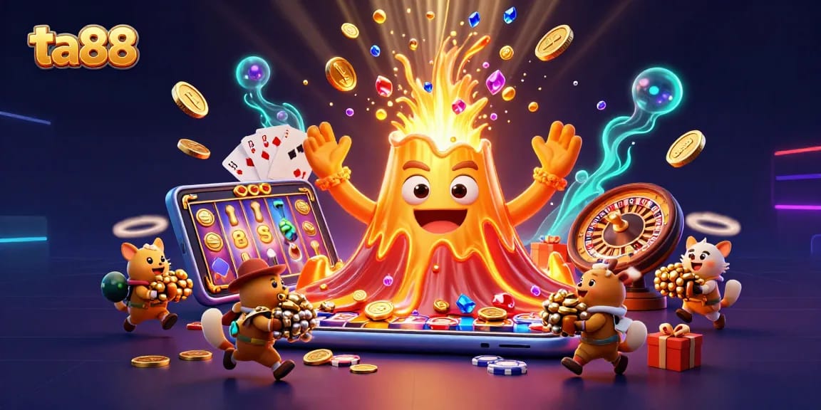 Experience thrilling gameplay with ta88's golden volcano erupting treasures and vibrant casino elements.