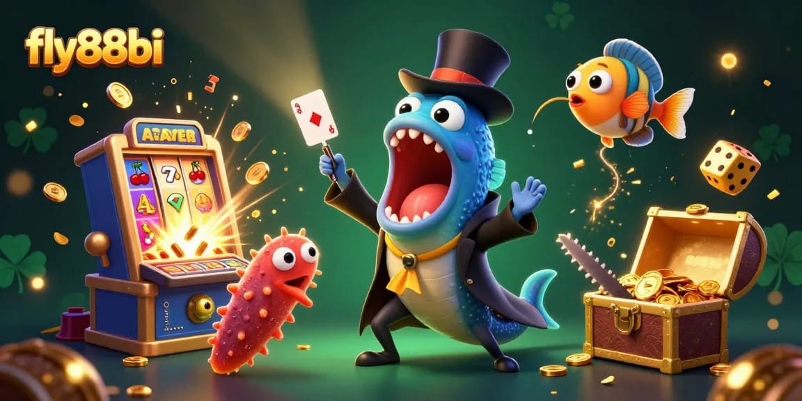 Join the excitement at fly88bi with a vibrant illustration of a fun casino magic act featuring colorful slot games.