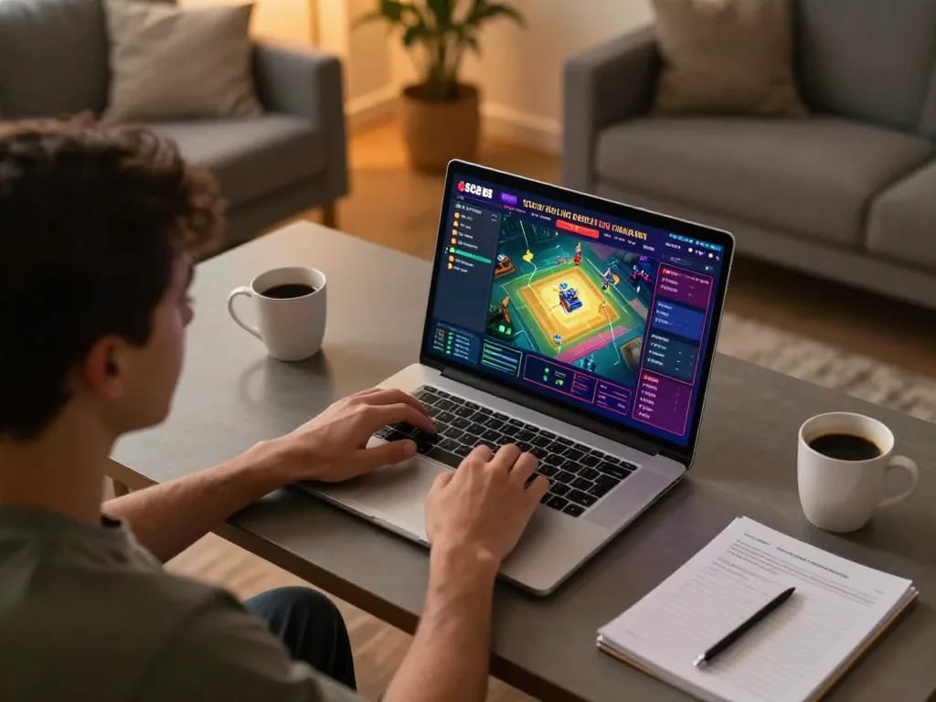 Engaged player enjoying SC88 BET online gaming on a laptop at home, showcasing strategy notes and warm atmosphere.