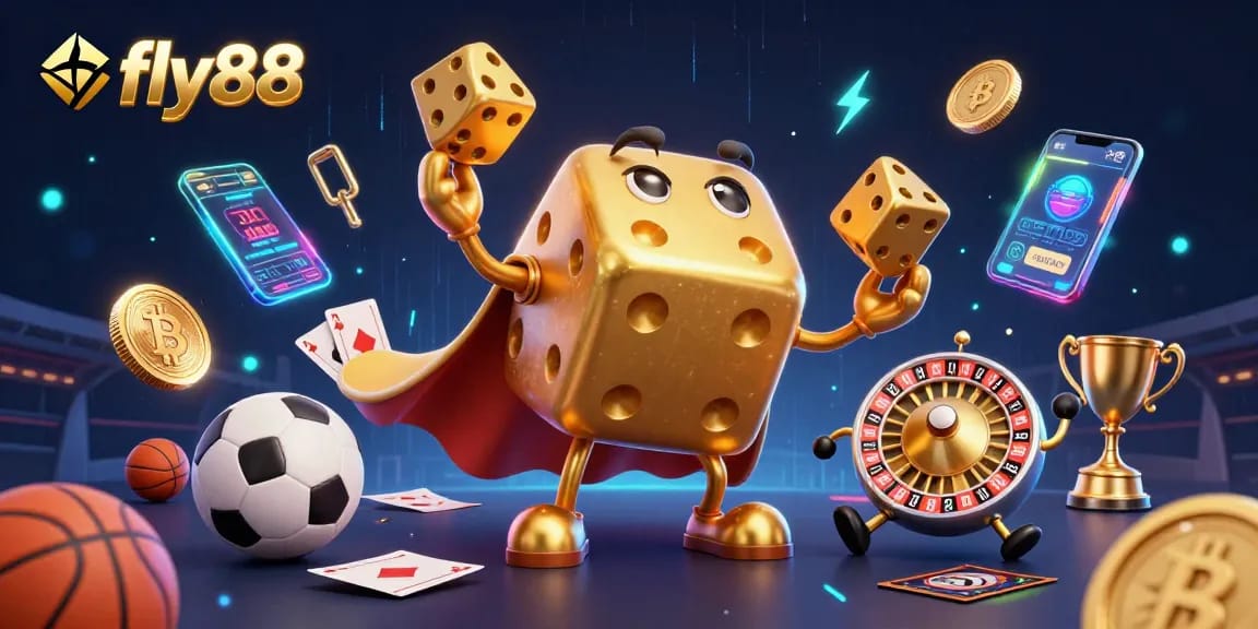 Join the action with fly88 as golden dice and sports betting elements create an electrifying scene.