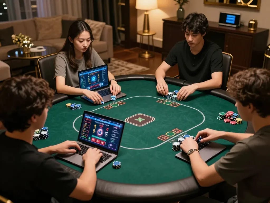Players strategizing in an online go88 poker game, showcasing dynamic virtual interactions and cozy atmosphere