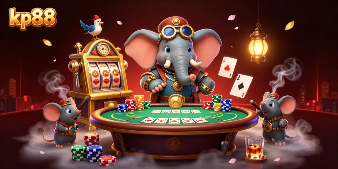 Spin the magical slot machine at kp88 with a whimsical steampunk elephant and vibrant game elements.