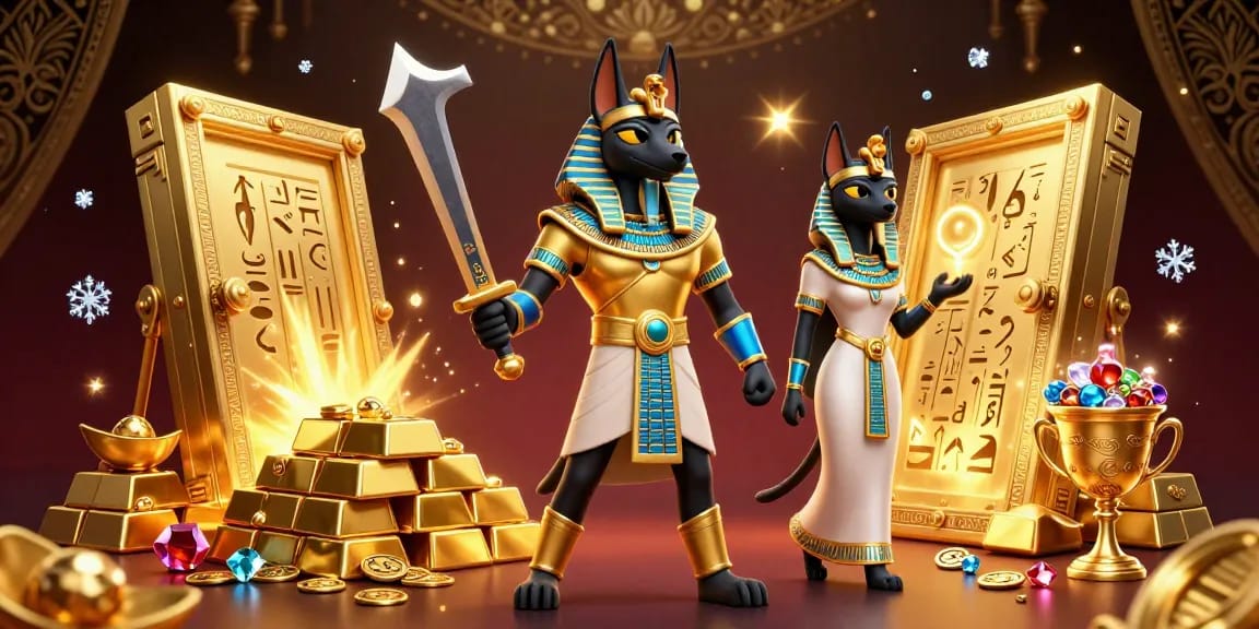 Engage in GVUI đá gà with a vibrant scene of Anubis and Bastet amidst treasures, embodying thrilling gambling.