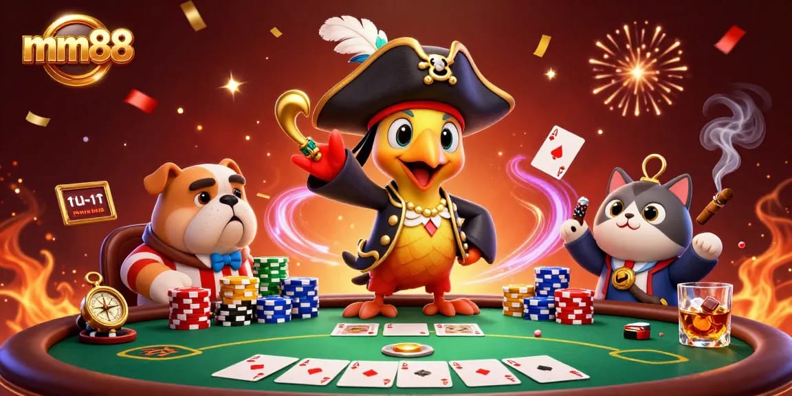 Experience thrilling moments with mm88 at this vibrant casino scene featuring pirate characters and poker elements.