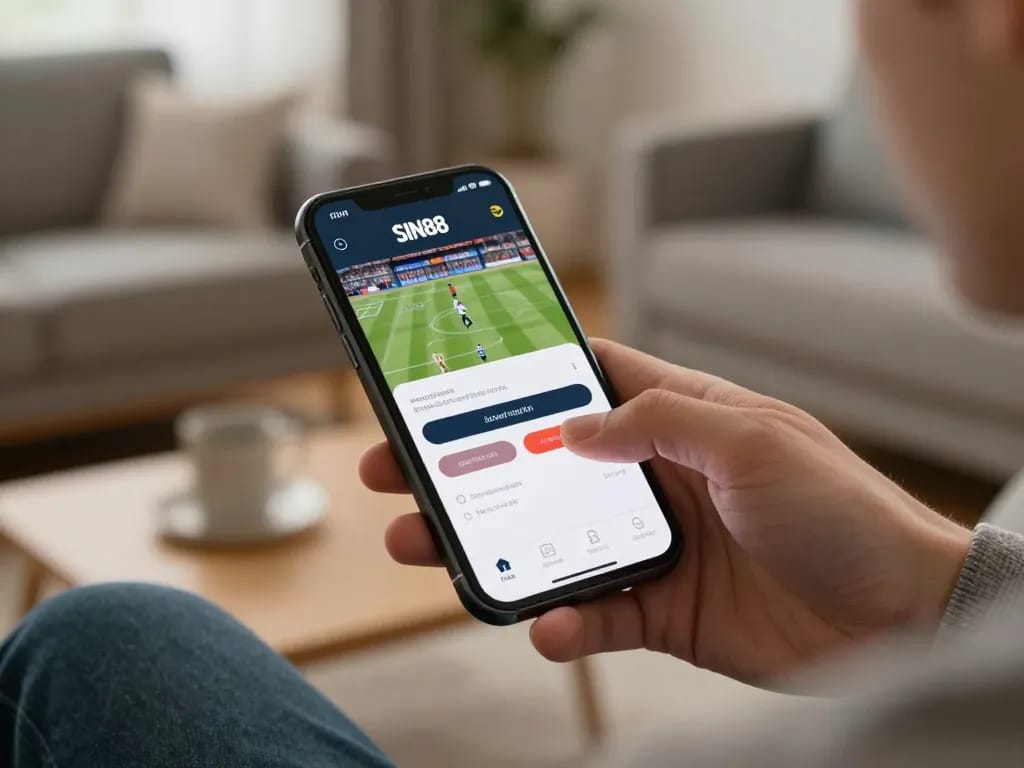 Engaging moment of SIN88 login on smartphone, showcasing sports betting interface at home.