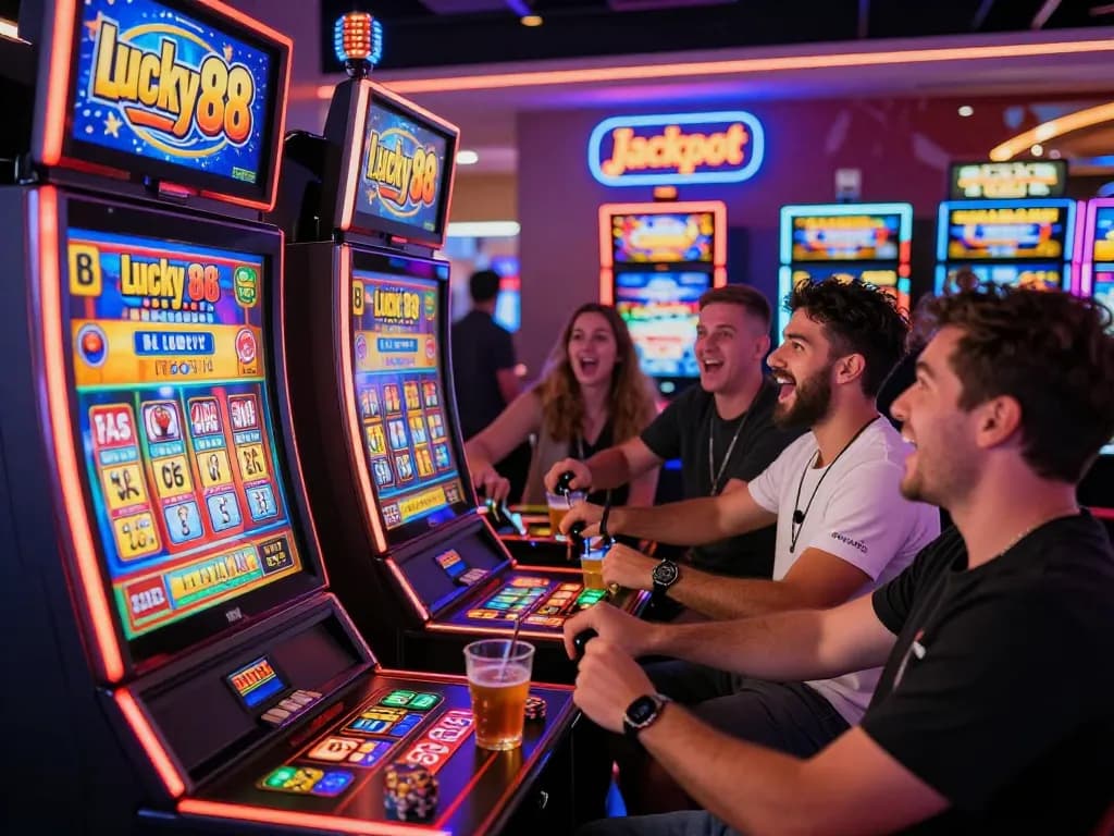 Exciting Lucky 88 slot machine scene in a vibrant casino, showcasing players winning with colorful lights.