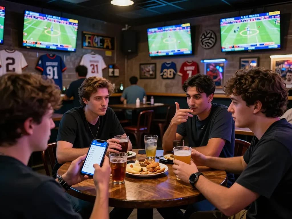 Engaged sports bettors using the TOPBET app during live games at a busy bar with friends.