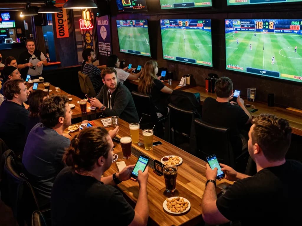 Kèo Nhà Cái users engaging in sports betting with live match displays in a bustling environment