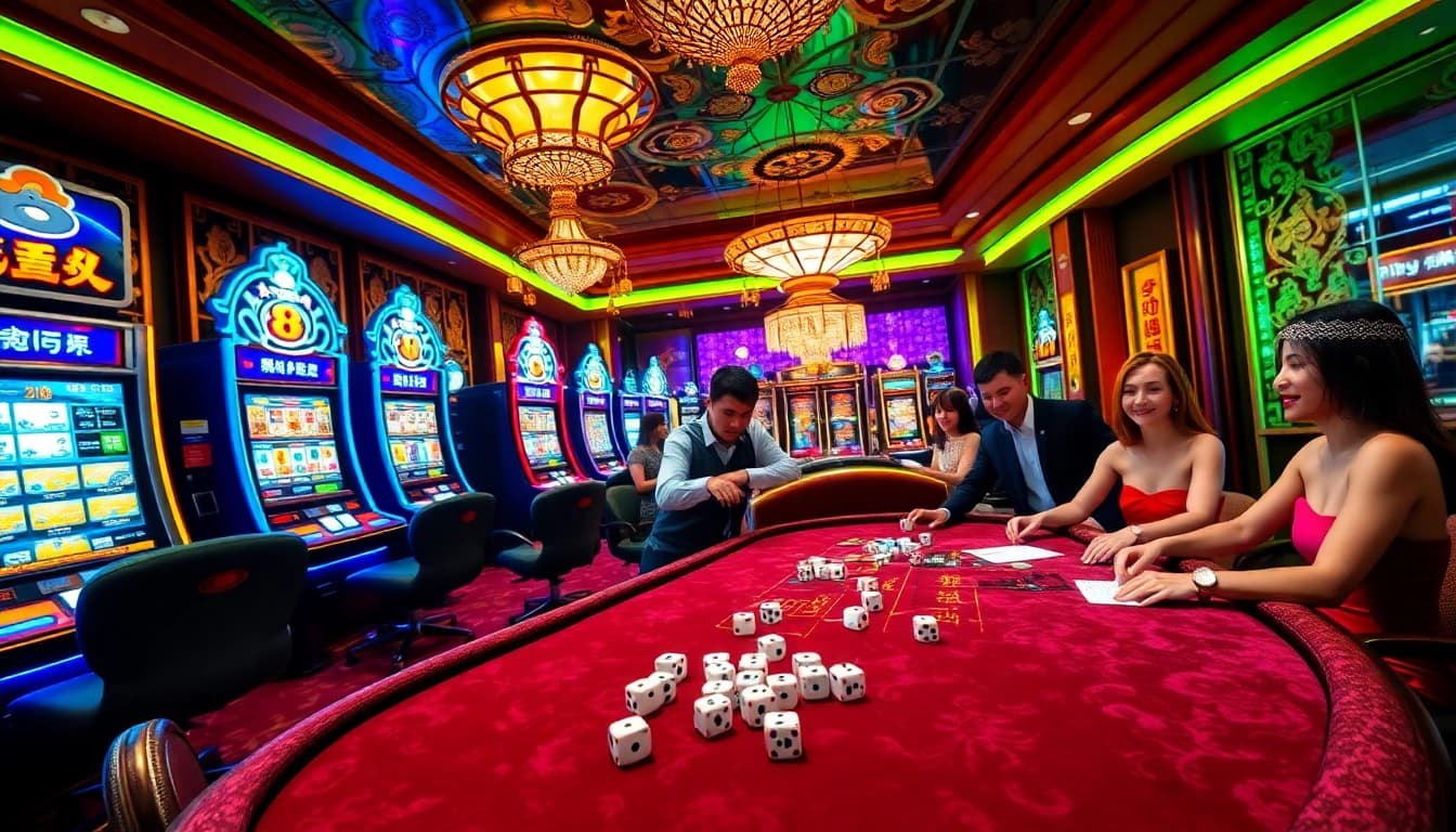 Players enjoy gaming excitement at https://lucky88.bike/, celebrating wins with colorful slot machines and poker chips.