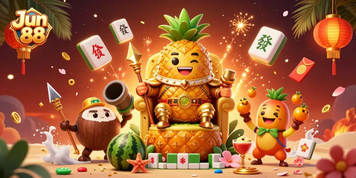 Engage with Jun 88's golden pineapple king and vibrant casino elements in this dynamic 3D illustration.