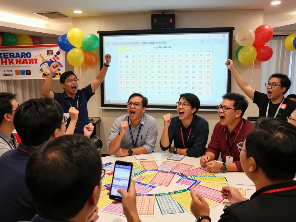 Peserta yang bersemangat merayakan acara undian langsung Keluaran HK dengan tiket berwarna-warni dan pembaruan digital.