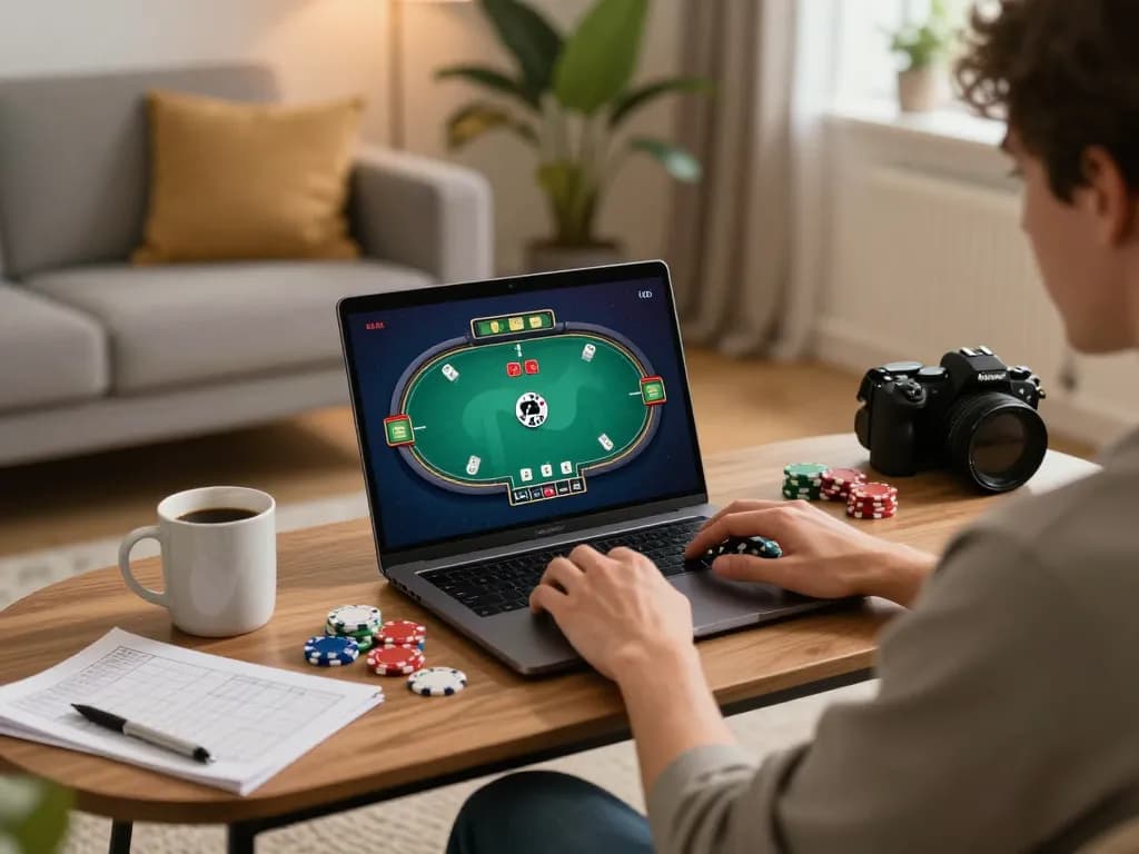 Engaged player at lucks8's online poker table, utilizing strategy notes and a vibrant gaming setup in cozy ambiance