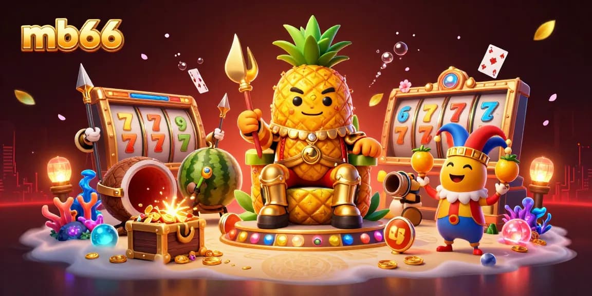 Join the excitement at mb66 with golden jackpot reels and festive casino characters in a vibrant beach scene.