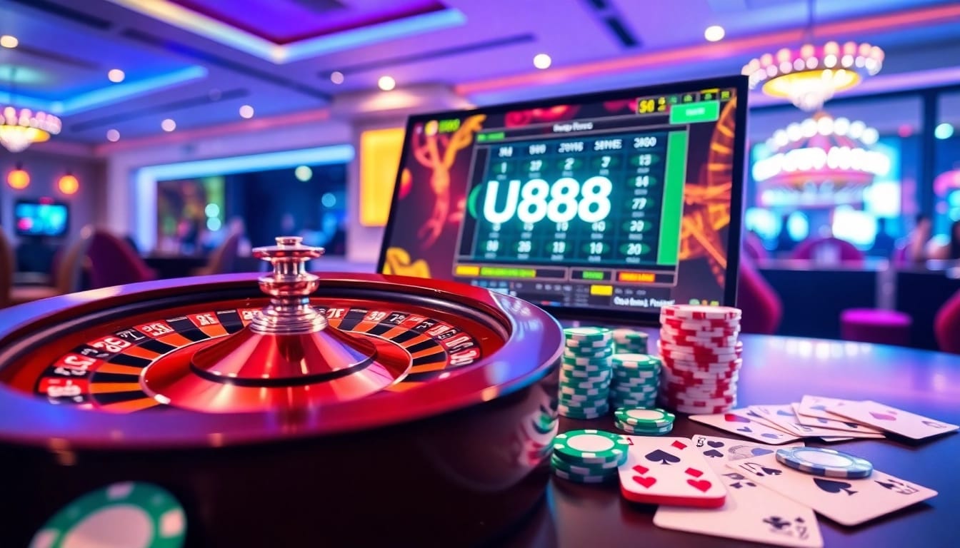A interface online da U888 apresenta atividades de jogo emocionantes com fichas de poker e rodas de roleta.
