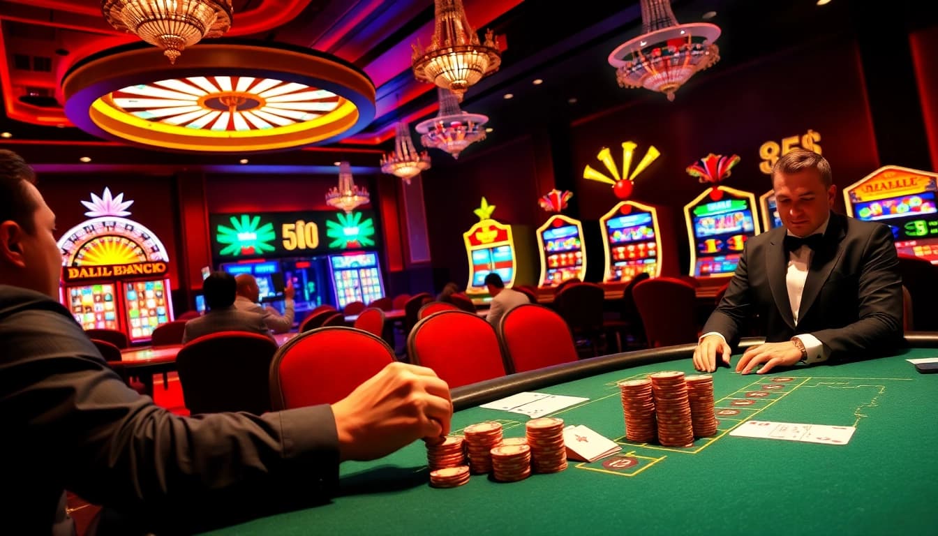 Players enjoying a high-stakes poker game at 8kkbet.com, boasting luxury and excitement in the casino atmosphere.