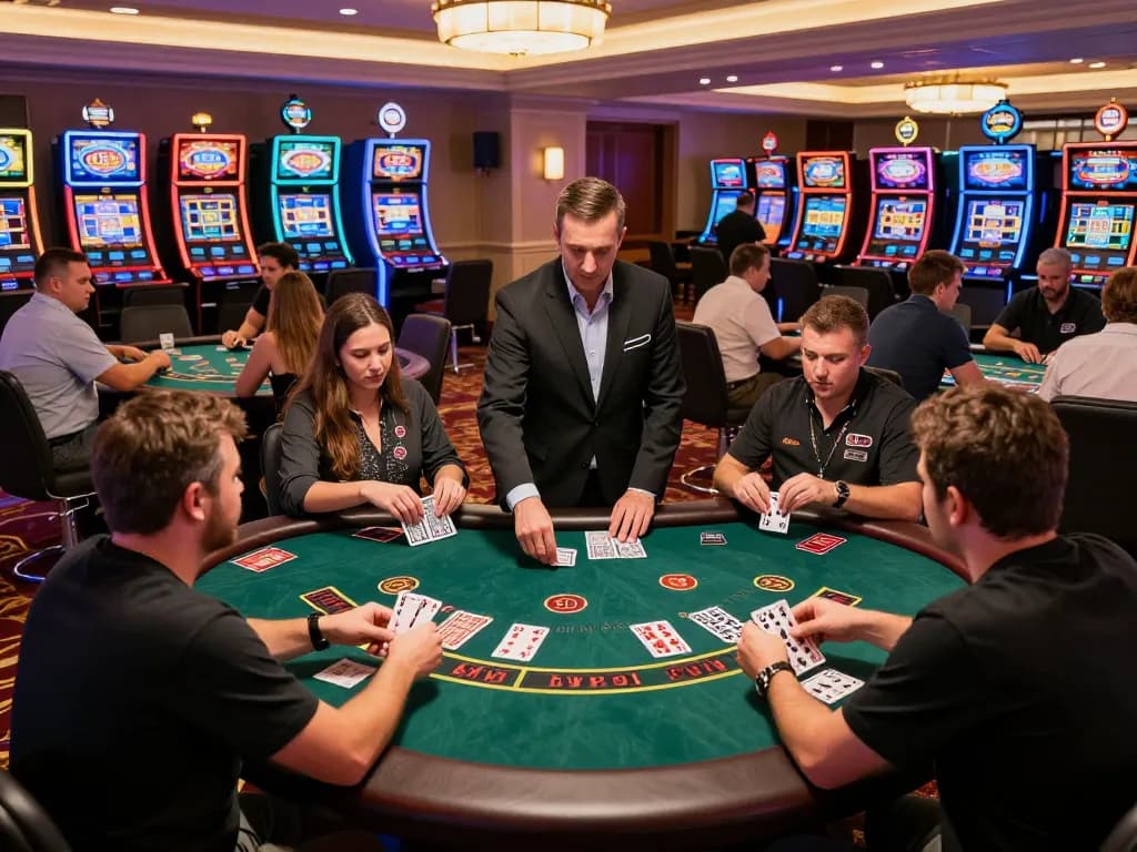 Players engaged in blackjack action at the casino, spotlight on strategic decisions, da88 card tables and chips.