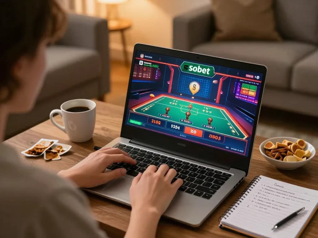 Engaged player enjoying Sbobet online gaming with a focused strategy in a cozy home setup